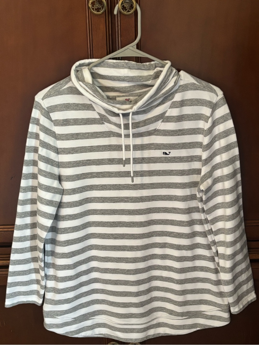Vineyard Vines Gray and White Striped Pullover with Whale Logo